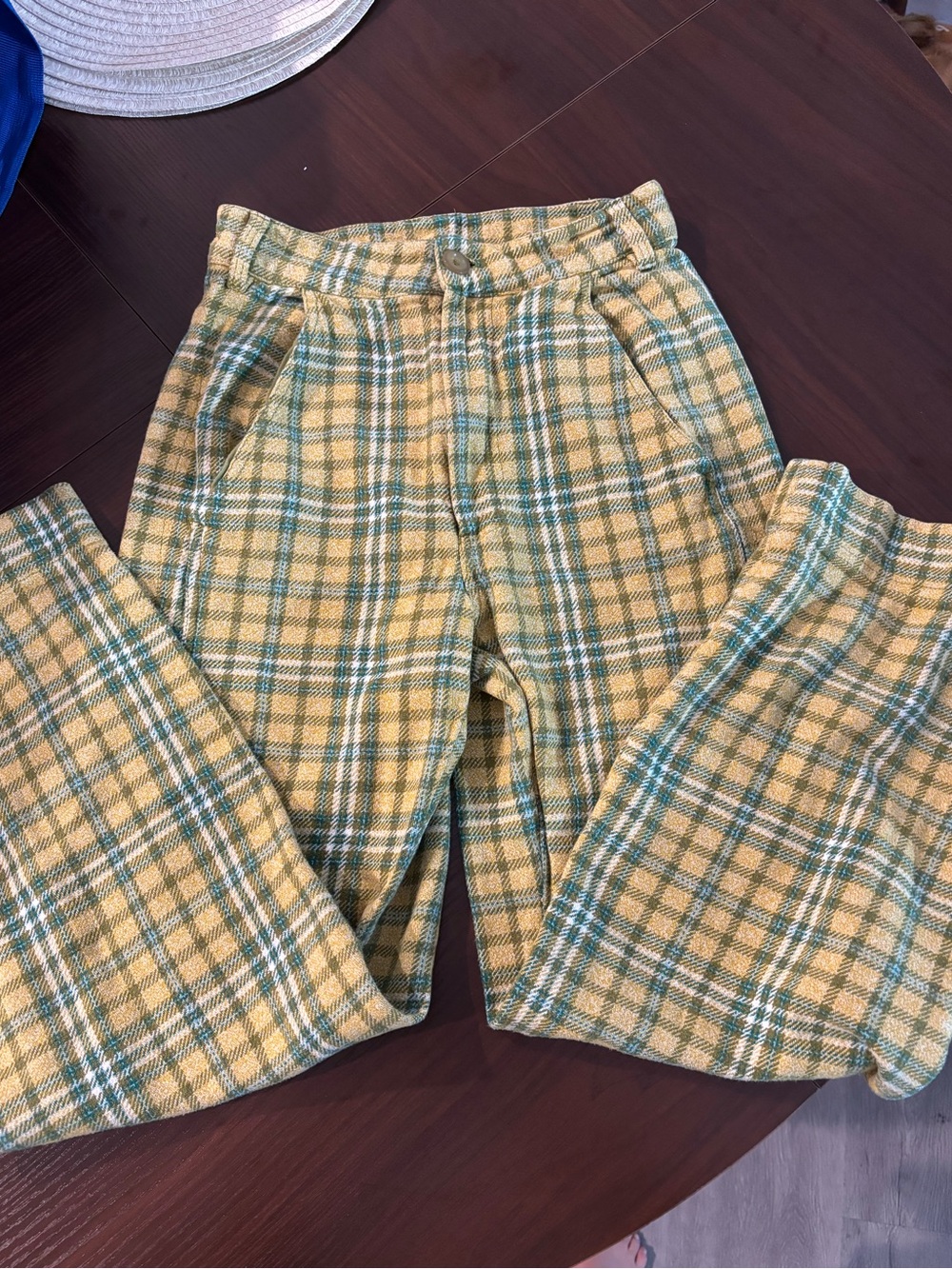 Free People Yellow and Green Plaid Straight Leg Pants
